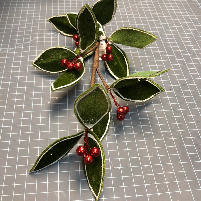 22" Green Velvet Glittered Holly Stem