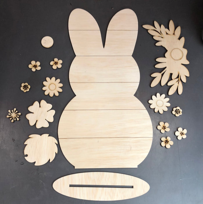 Shiplap Standing Bunny with Floral  (UNPAINTED)
