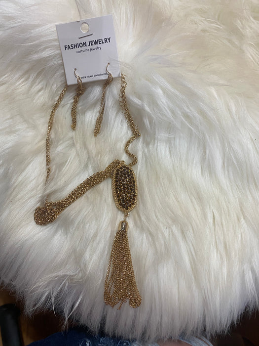 Large Amber Rhinestone w/Tassel Necklace Set