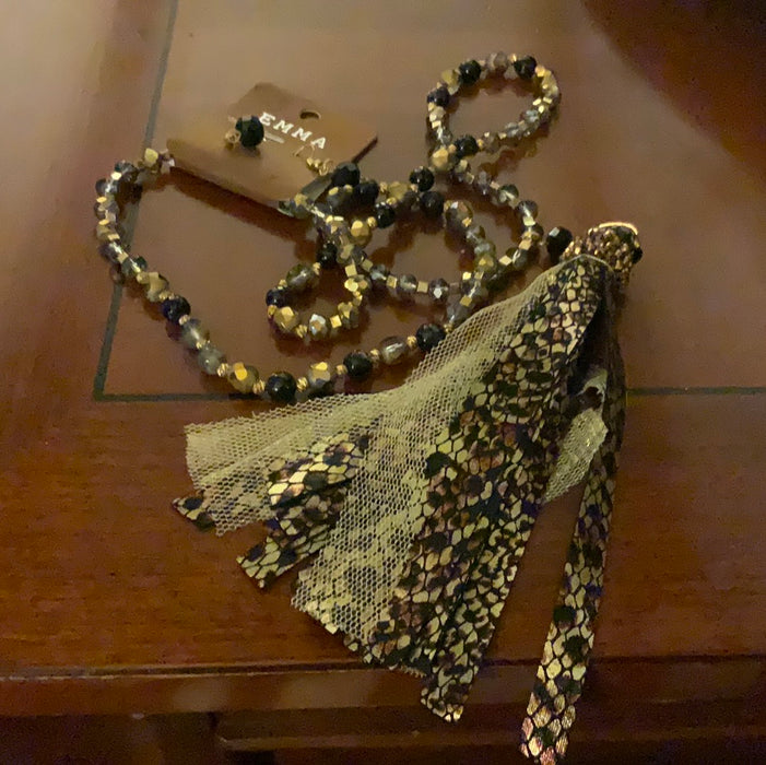 Black/Gold beaded Tassel Snakeskin Necklace with black drop earrings
