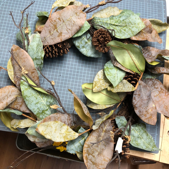 Magnolia leaves with Pine Cones and Twig Wreath