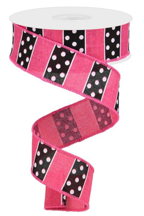 1.5” x 10 yd Polka Dot/Stripes  Hot Pink/Black