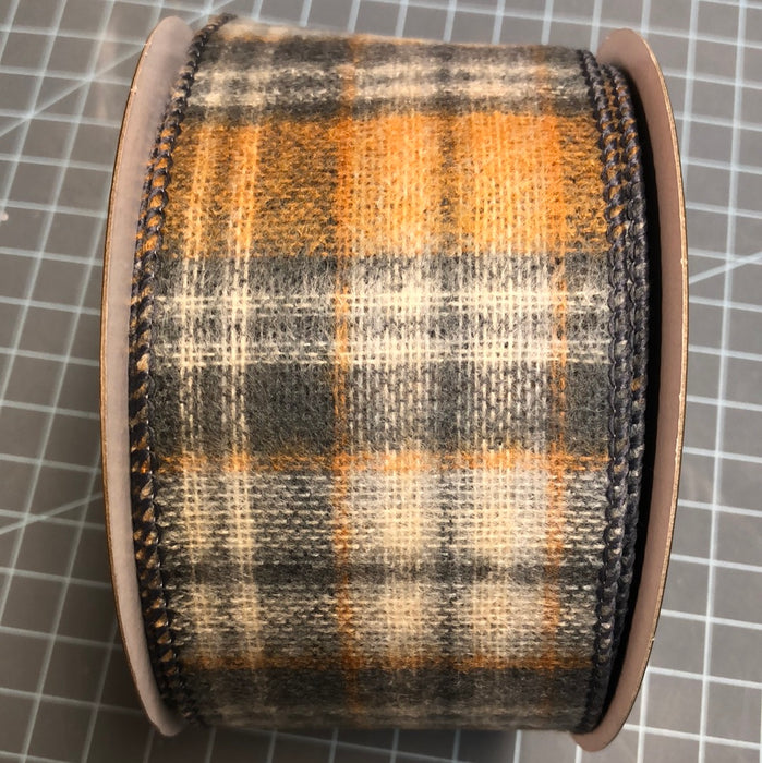 2.5"X10yd WOOL PLAID RIBBON GRAY/ORANGE