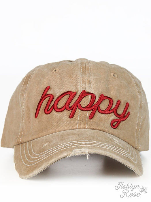 BEIGE HAT WITH WHITE EMBROIDERY HAPPY HAT